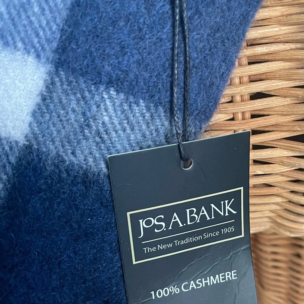 Jos. A. Bank Cashmere Men’s Winter Scarf Blue Gray Plaid Fringe NWOT 12x68